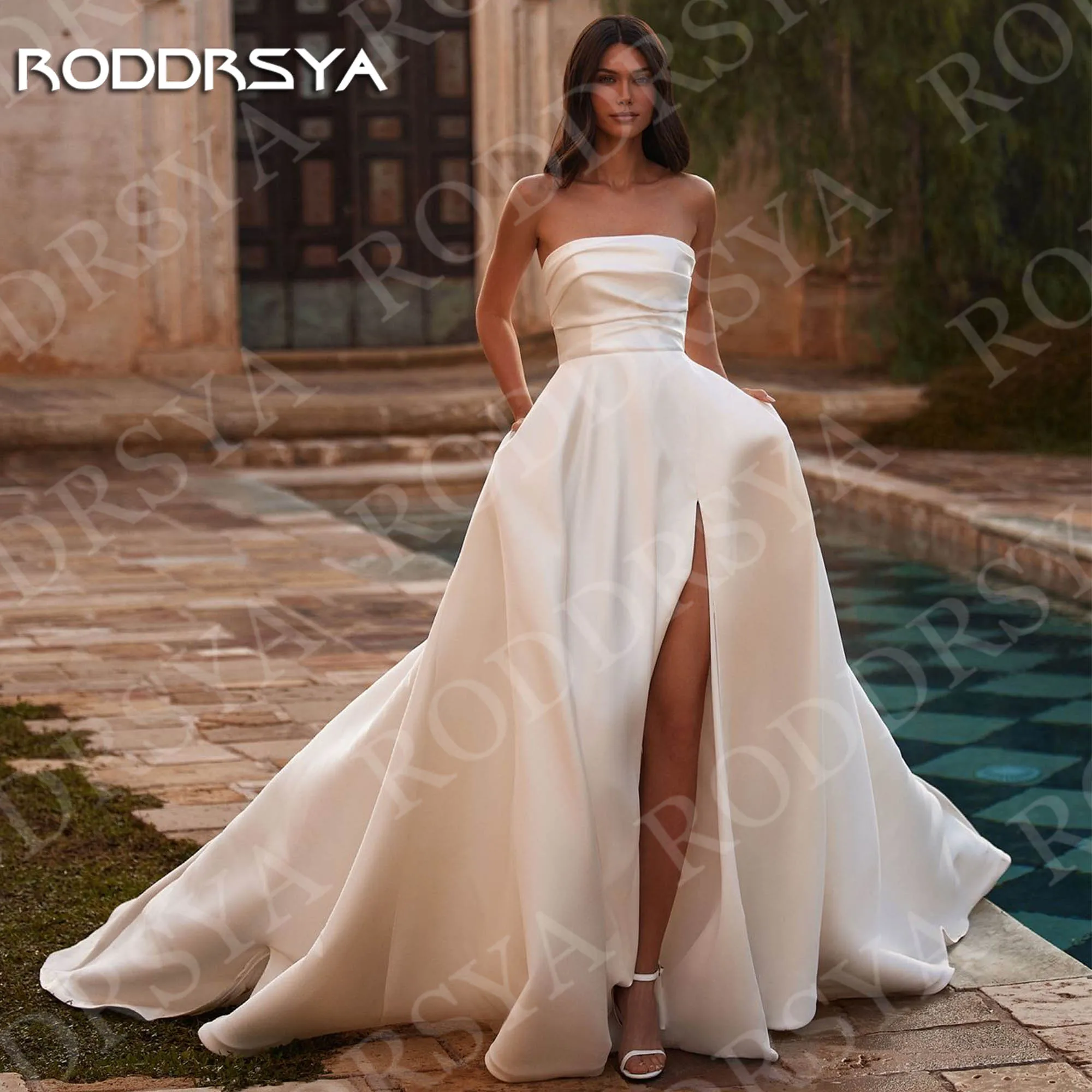RODDRSYA Modern Wedding Dresses A Line Bridal Gowns Satin Elegant Strapless High Slit Chic Bride Dress Customized robe de mariée
