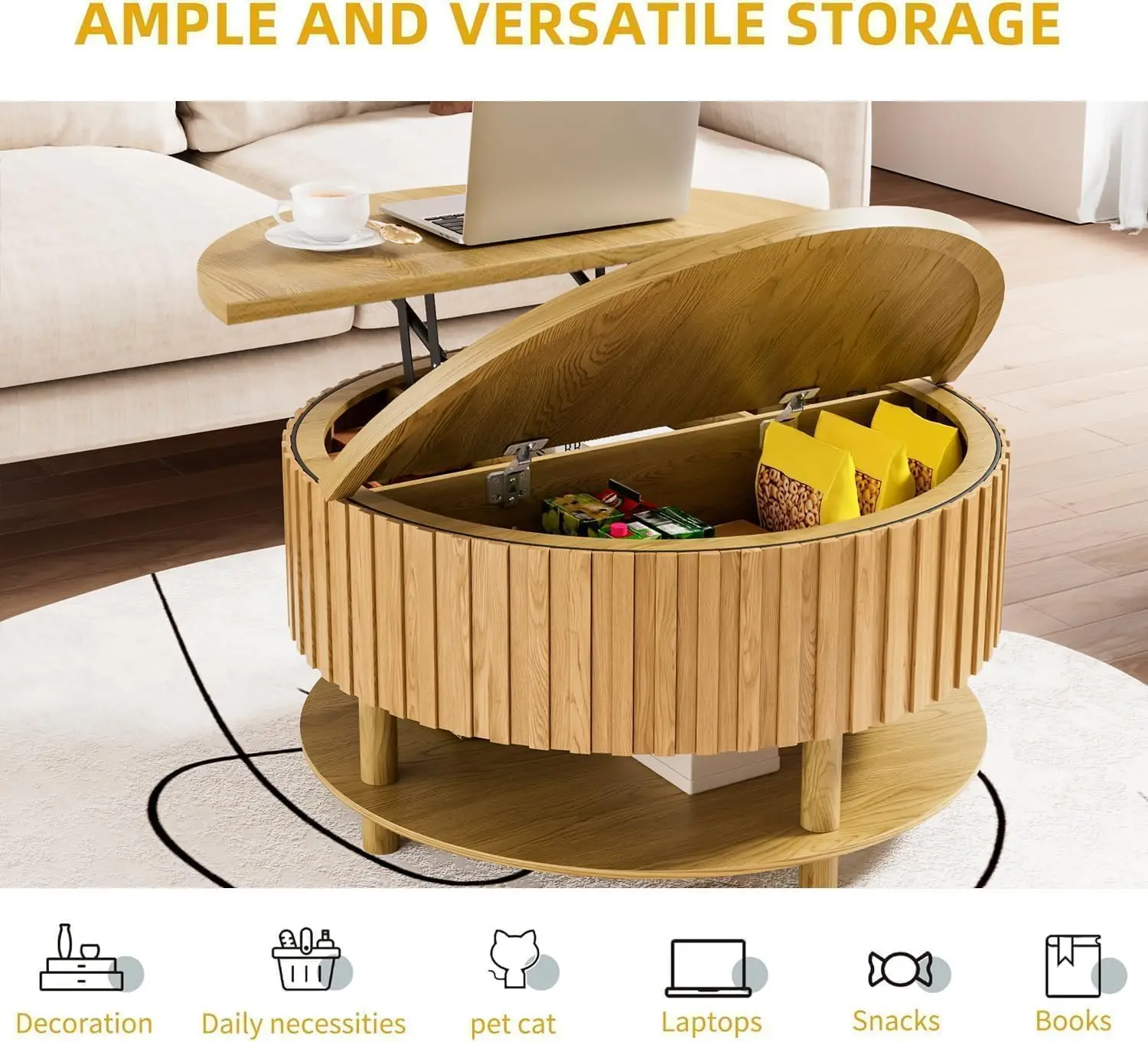 طاولة قهوة مستديرة قابلة للرفع مع مساحة تخزين، طاولة قهوة حديثة بطبقتين مقاس 31.5 بوصة مع مساحة تخزين مخفية ورف مفتوح، مركز مزمر Ta #6