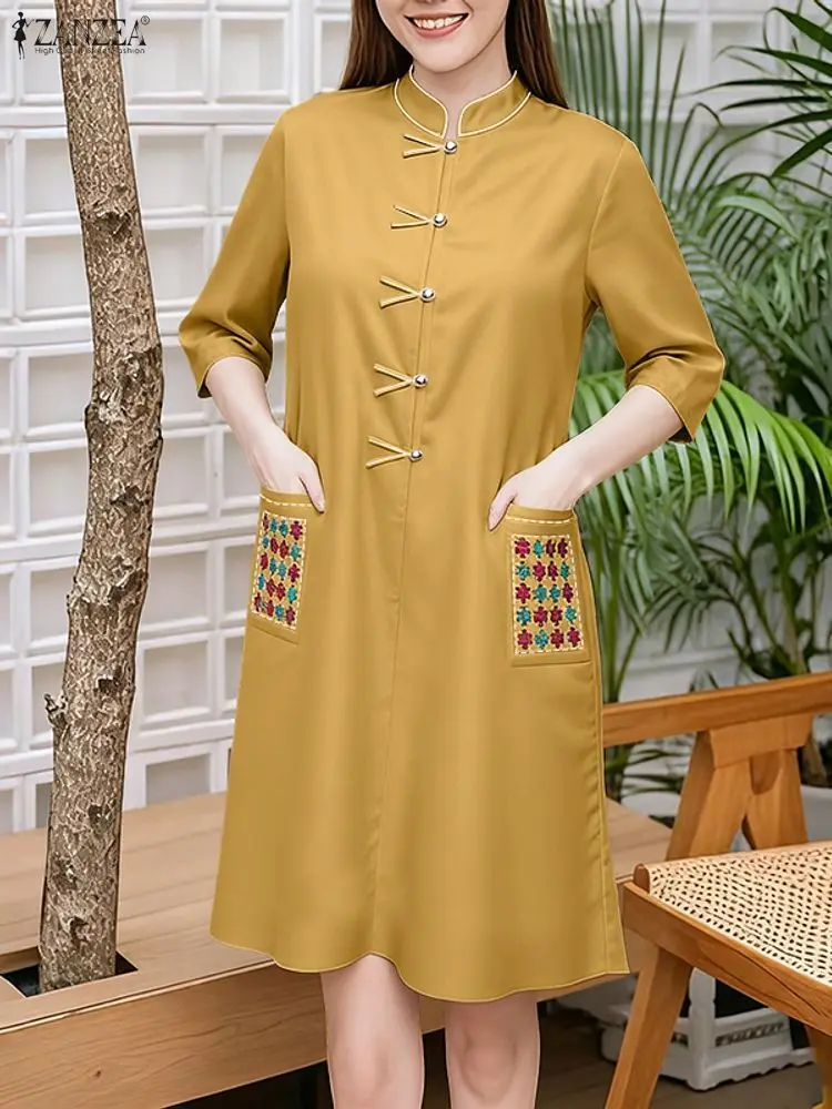 

ZANZEA Vintage Mini Dresses Autumn Women Stand Collar Buttons Casual Shirt Sundress 2025 Fashion 3/4 Sleeve Loose Elegant Robe