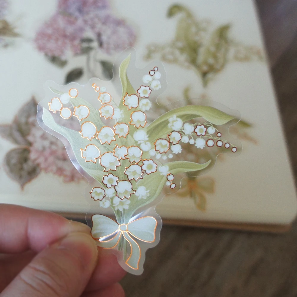 

18pcs Gold Yellowing Design Lily of The Valley Lily Flower Style PVC Sticker Scrapbooking DIY Gift Label Decoration Tag
