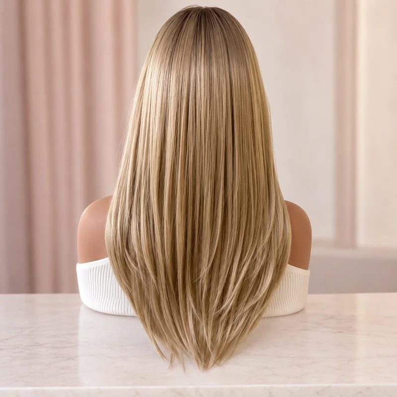 18 Inch Mono Lace Wig for Women Blonde Highlight Layered Straight Synthetic Hair Heat Resistant Natural Scalp Daily Wear
