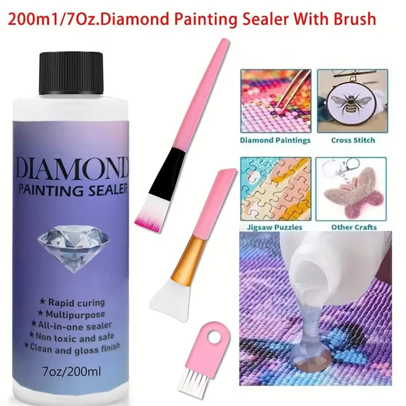 2 In 1 60ML/120ML/200ML Diamond Painting Sealer with Brushes 5D Diamond Painting Glue Permanent Hold & Shine Effect Sealer Glue