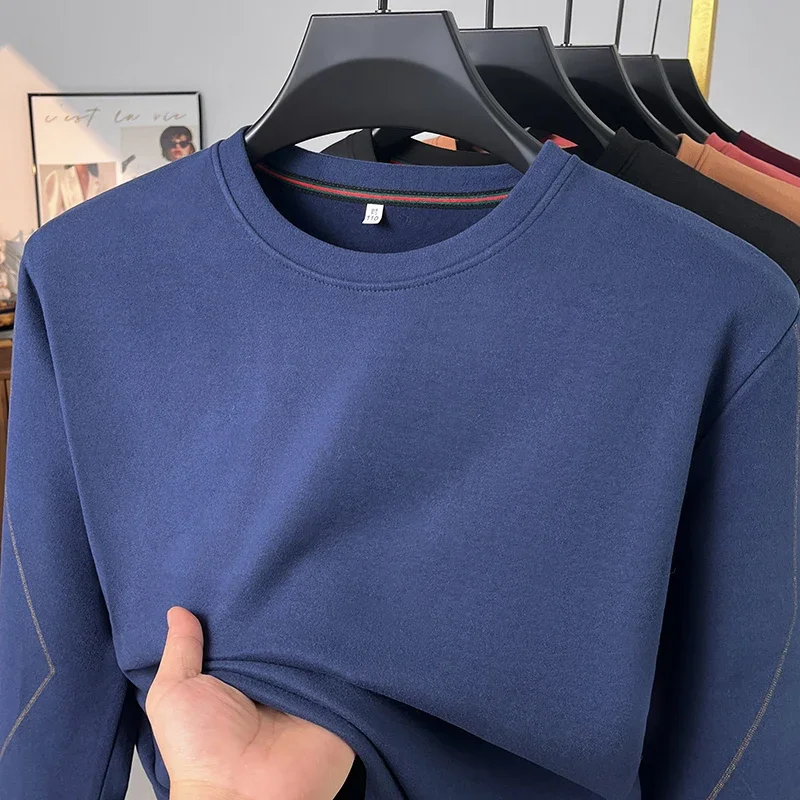 Male Loose Fit Crew Neck Long Sleeve Shirt Soft Thermal Knit Decorative Line On Sleeves Everyday Basic Wear view 2