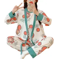 Three Pieces Maternity Sleepwear Short Sleeve Nursing Tops+long Sleeev Cardigans+full Length Pants Postpartum Woman Pajamas Sets 5