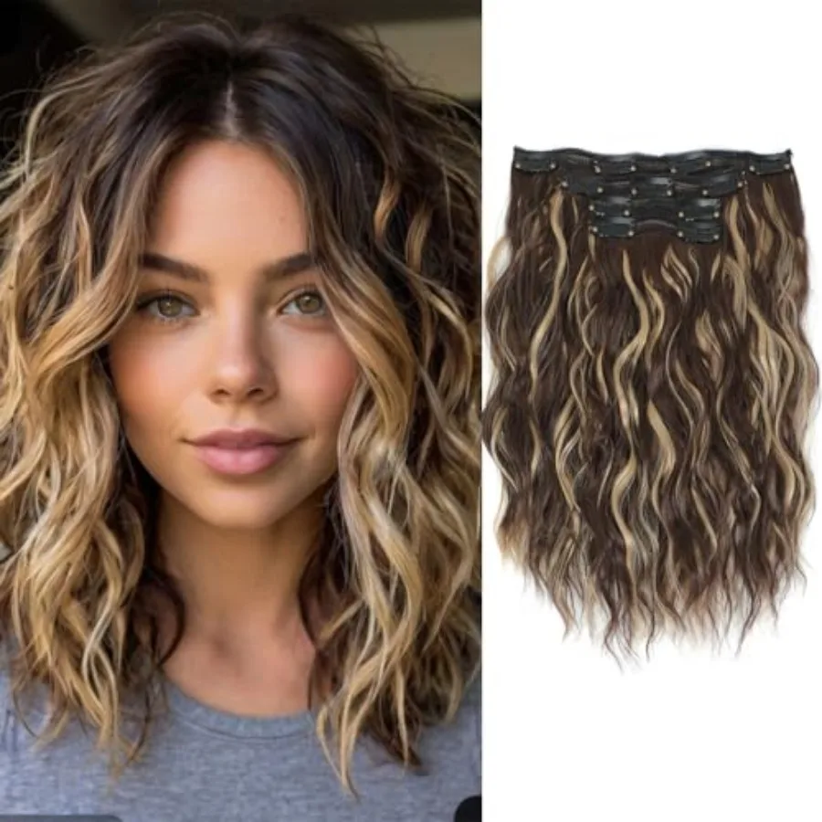 

4 Pcs set clip in hair extensions 12 inch synthetic short wavy hair pieces chocolate brown with highlight soft clip in hair ext