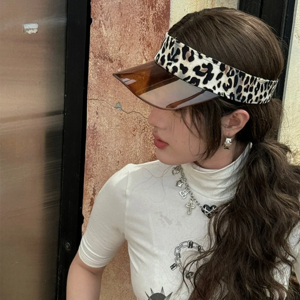 

Fashion UV Protection Leopard Print Visor Cap Solid Color Sunscreen Transparent Hollow Hat Cool Adjustable Sun Hat Cycling
