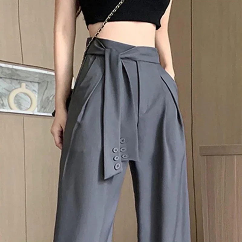 

Women's Pants Solid Clothing Baggy High Waist Office Elastic Wide Leg Tailoring Work Loose Drawstring Vintage Trousers for Woman