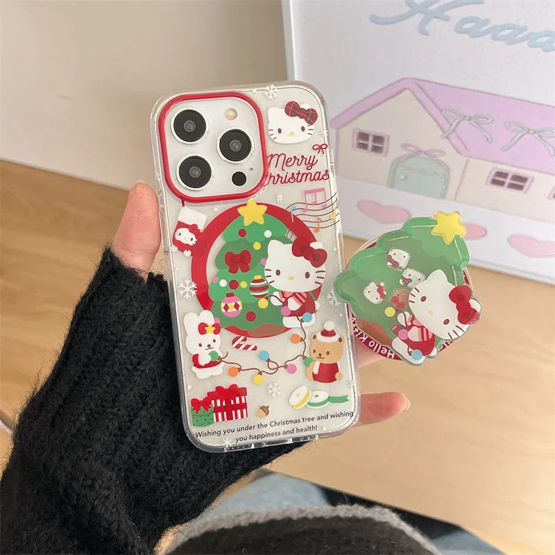 Cute Christmas Present Cartoon Bear Hello Kitty Magsafe Wireless Charge Case For iPhone 13 14 15 16Pro Max Shake Magnetic Holder