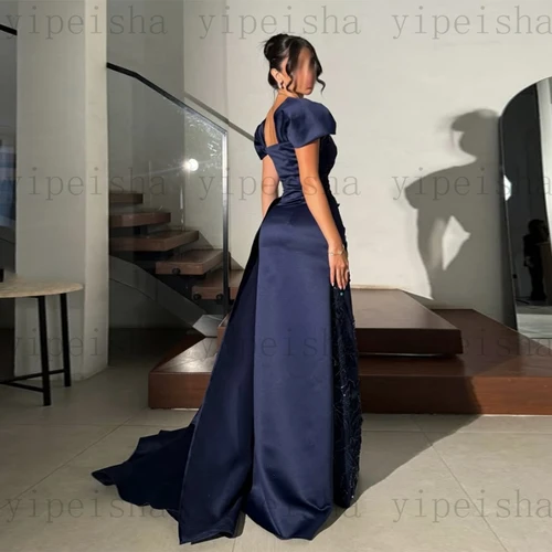 Imagen 2 del producto Vestidos de Noche con cuello cuadrado personalizados, manga corta, espalda descubierta, apliques de encaje con lentejuelas, vestido de fiesta de sirena azul marino