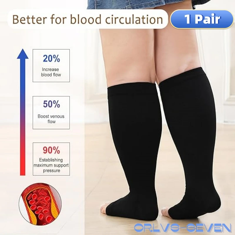 1 Pair Plus Size Compression Socks  Women Wide Calf Open Toe Graduated Medical Support Stockings Toeless Flight Pressure Socks