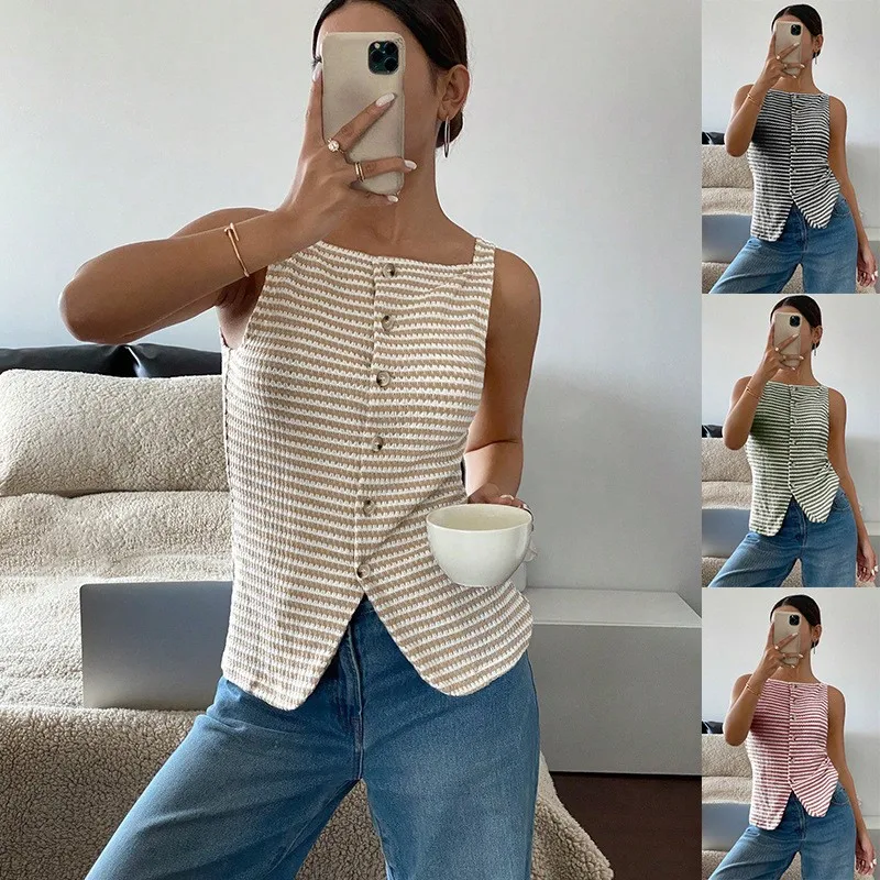 Summer Clothes Women Tank Top Button Front Square Neck Vest Striped Knitted Texture Sleeveless Top Cropped Beige White Camisole