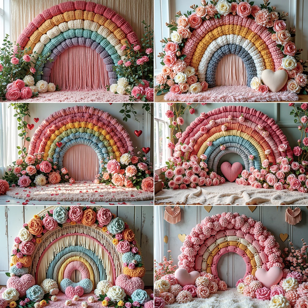 MOON.QG Valentines Rainbow Fabric Photography Background Carpet Floral Arch Heart Photozone Backdrop Child Studio Photobooth