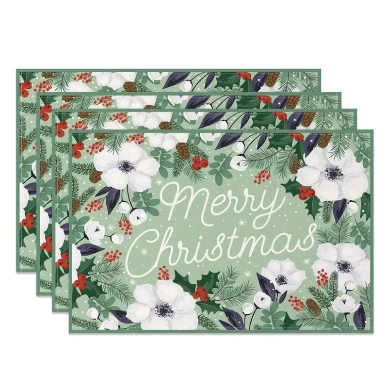 2025 Christmas Placemats Snowman Santa Pinecone Green Theme Holiday for Xmas Decor Linen Washable Christmas Tableware Decoration