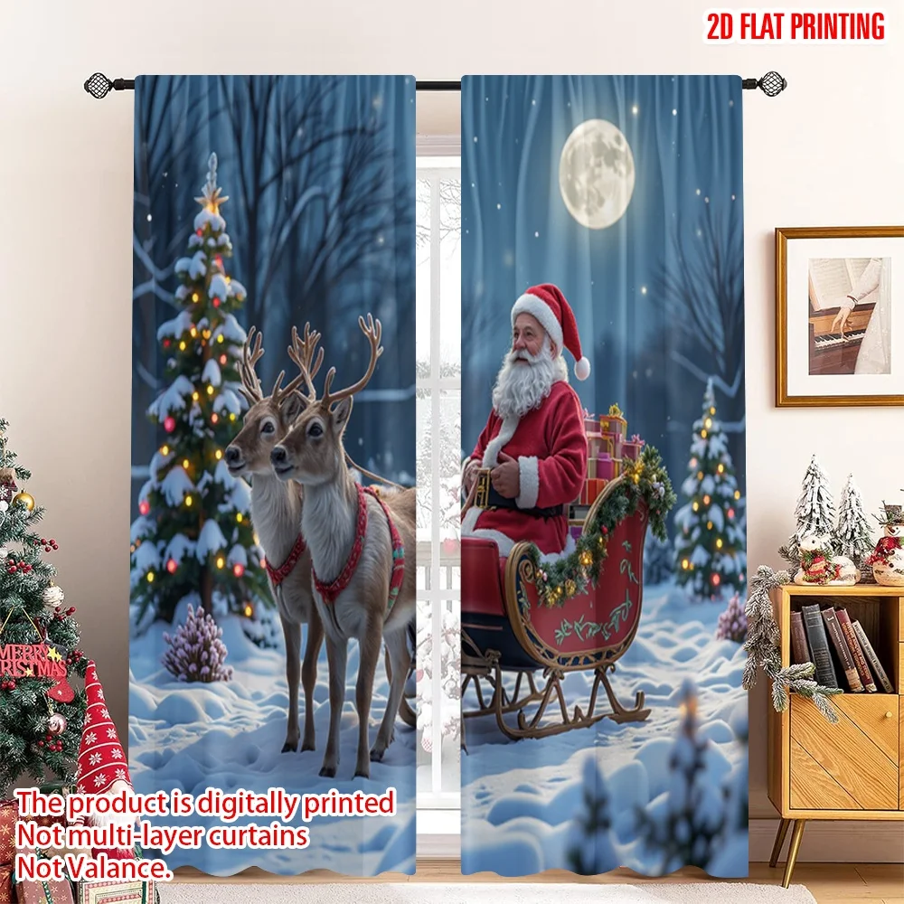 

2pcs 2D flat printing Merry Christmas Curtains Santa Sleigh Reindeer Christmas Eve Polyester Without Electricity Party & Holiday