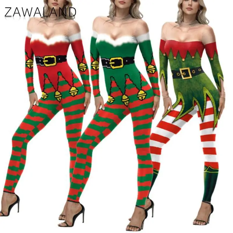 

Zawaland Women Elf Cosutume 3D Print Christmas Santa Claus Cosplay Jumpsuit Carnival Zentai Bodysuit Holiday Dress Up Clothes