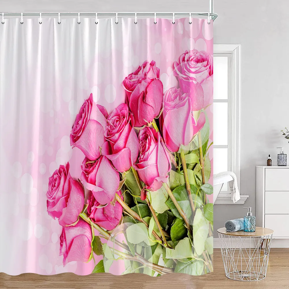 Red Roses Floral Shower Curtain Romantic Flower Plant Love Romance Bath Curtain Polyester Modern Bathroom Decoration with Hook