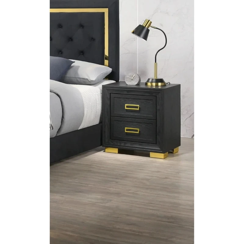 Modern 2-drawer bedside table, black gold veneer bedroom furniture with gold hardware fittings