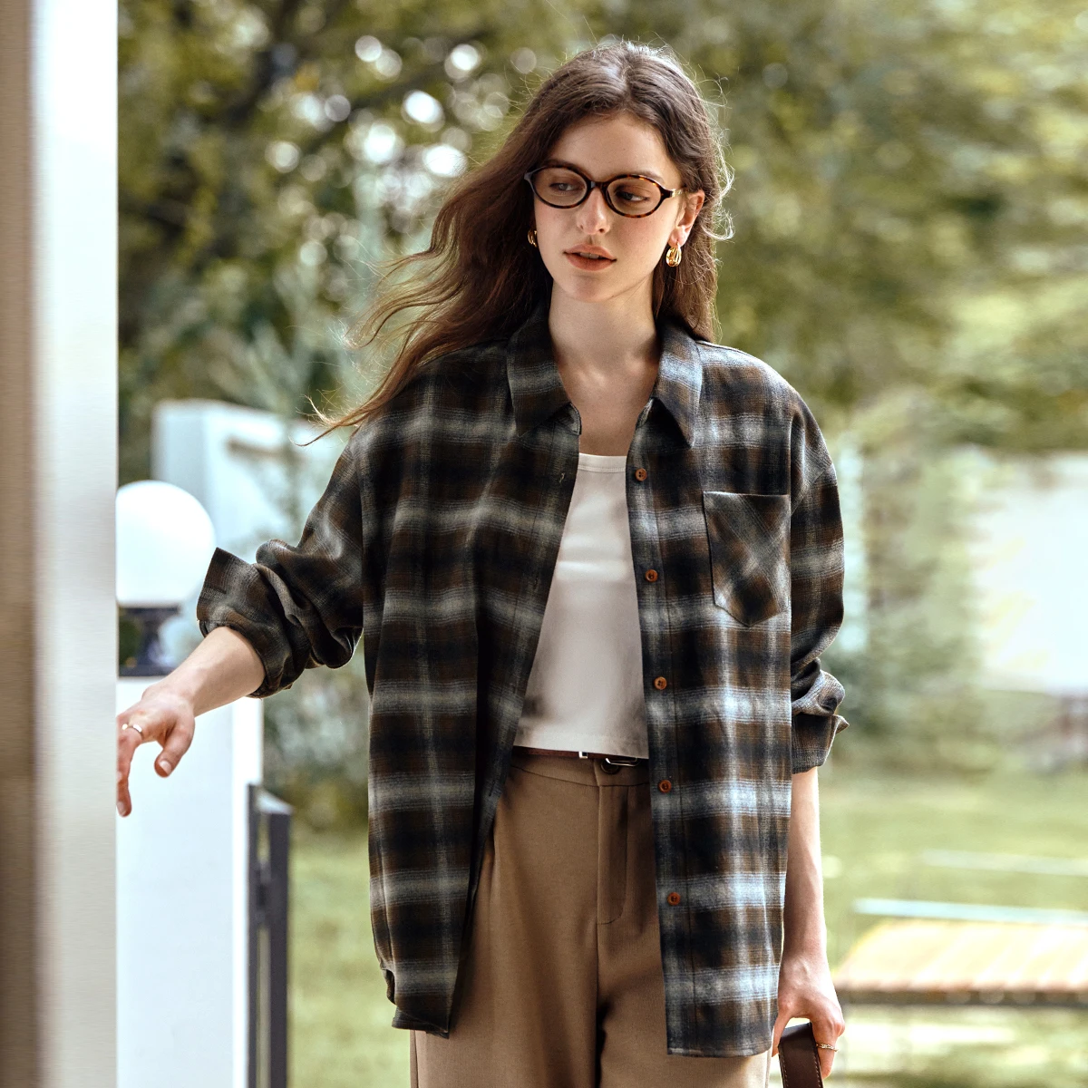 OLrain Women's Plaid Shirt 2025 Autumn New Arrival Casual Vintage Loose-fit Long-sleeve Turn-down Collar Shirt Tops O57QC001152