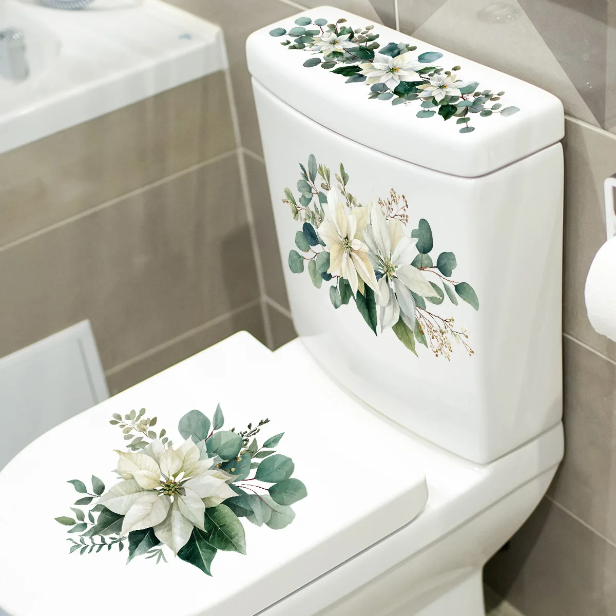 Fresh Flower Toilet Stickers for Bathroom Toilet Lid Backrest Decoration Waterproof Vinyl Decals Botany Washroom Accessories
