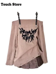 Invierno mujer gótico Y2k suéter con hombros descubiertos Harajuku japonés prendas de punto de Halloween Coqueta Gyaru 2000s estética Grunge Cyber Punk