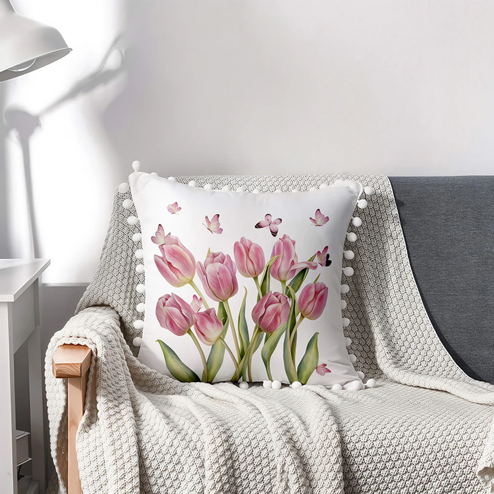 1PC Fragrant Flower Shadow Print Pillow Cover Pom Pom Tassel Elegant Decorative Throw Pillow Sofa Couch Bedroom Home Decor