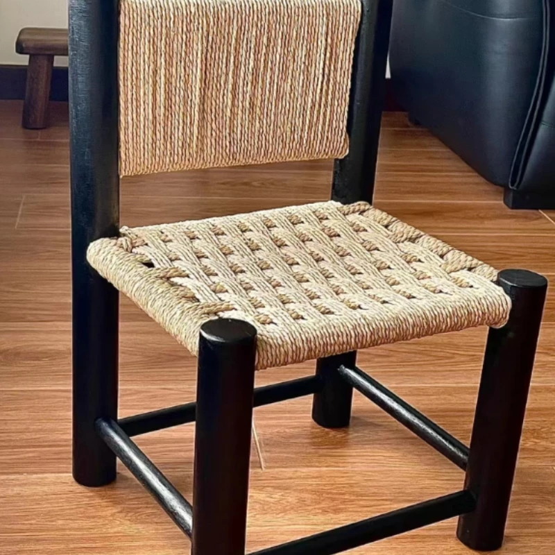 

Retro Woven Low Stool, 2025 Solid Wood Coffee Table Seat, Vintage Living Room Shoe Bench, Ethnic Rattan Backrest Accent Chair