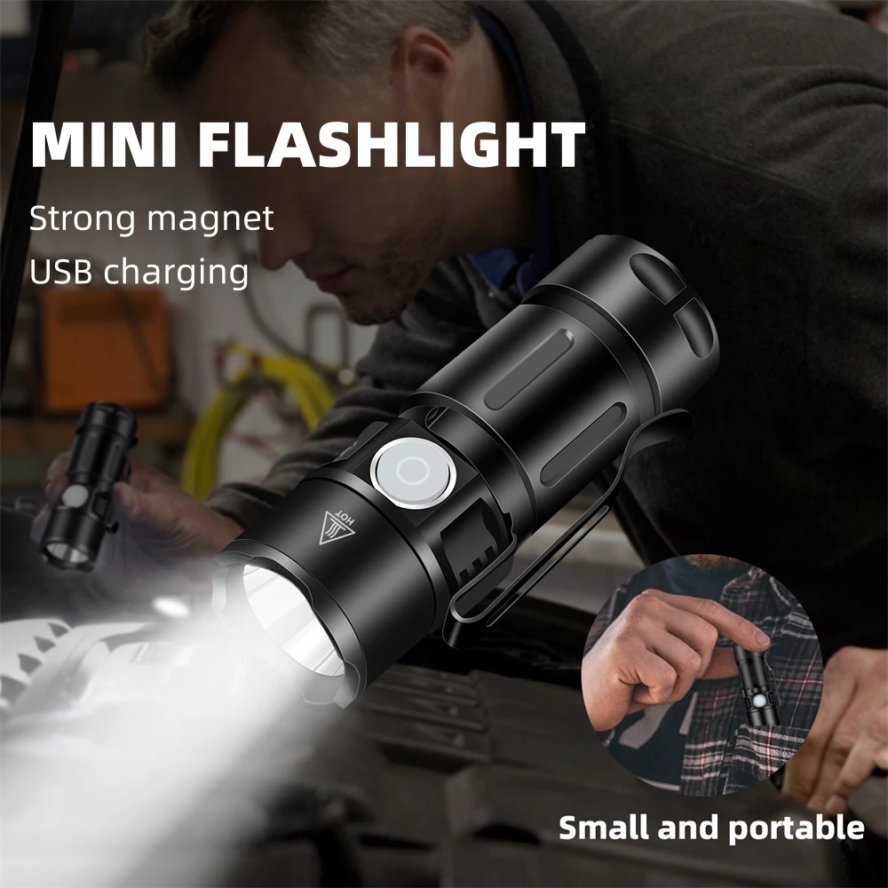 Newest LED Mini LED Flashlight USB Rechargeable Pocket Portable EDC Torch Emergency Camping Lantern with Magnet