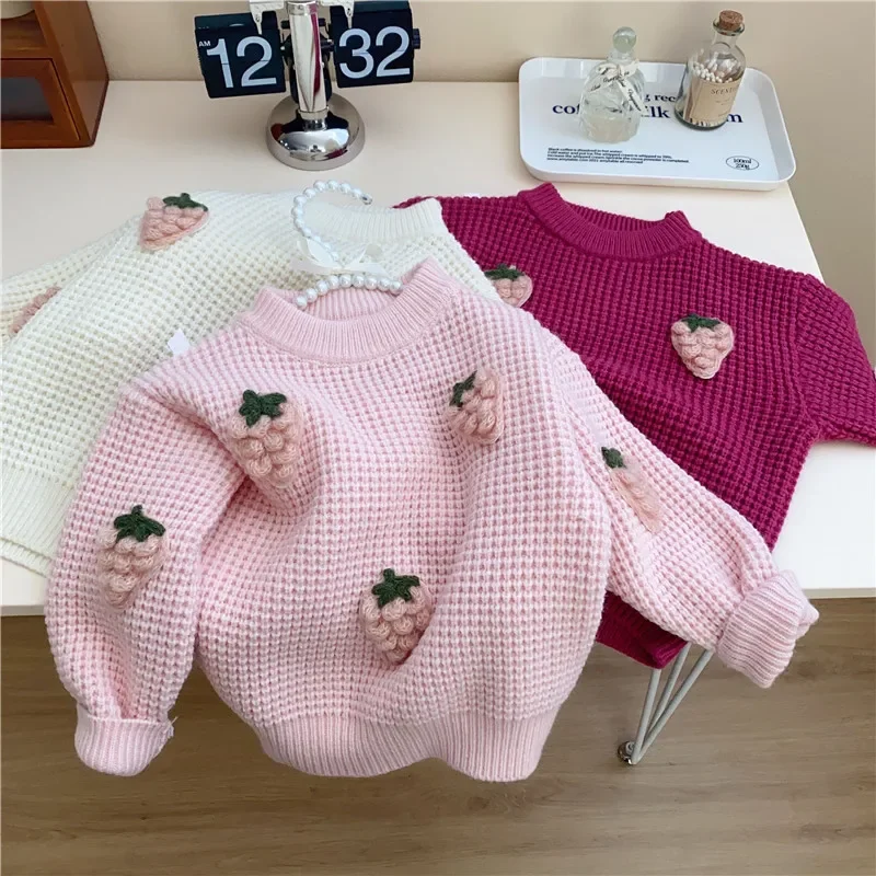 Children Clothing 2022 AUT Winter Korea Style Girls Fashion Stereoscopic Crew Neck Knit Sweater Little Girl Loose Casual Top