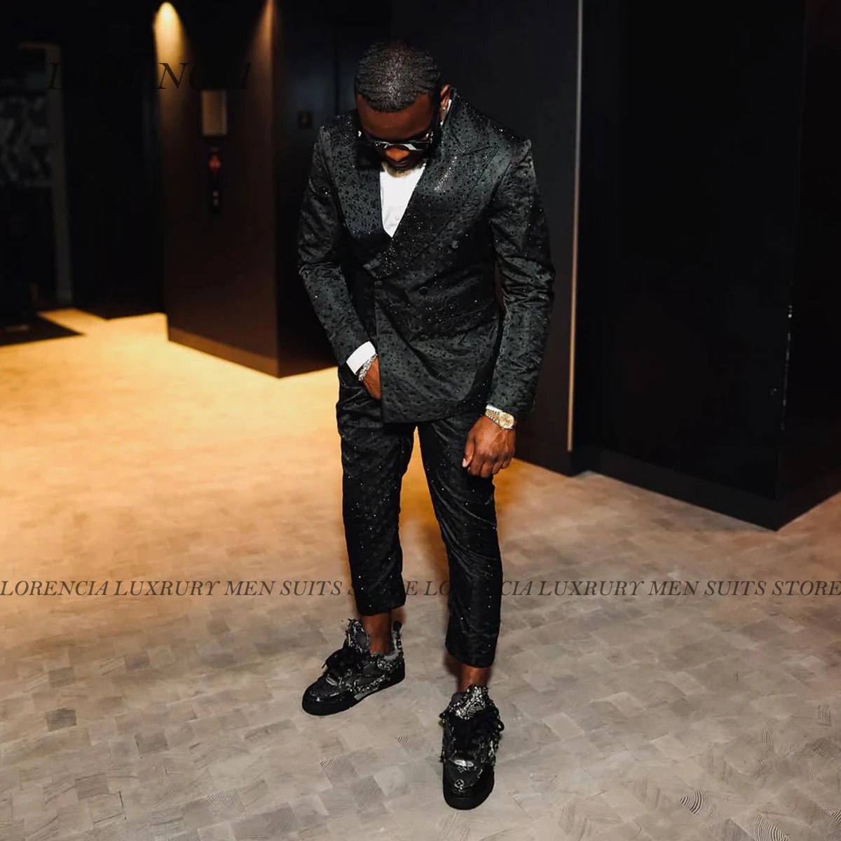 

Customized Crystals Double Breasted Diamond Men Suits 2 Pieces Set Wedding Groom Tuxedos Party Prom Blazer Birthday Man Homme