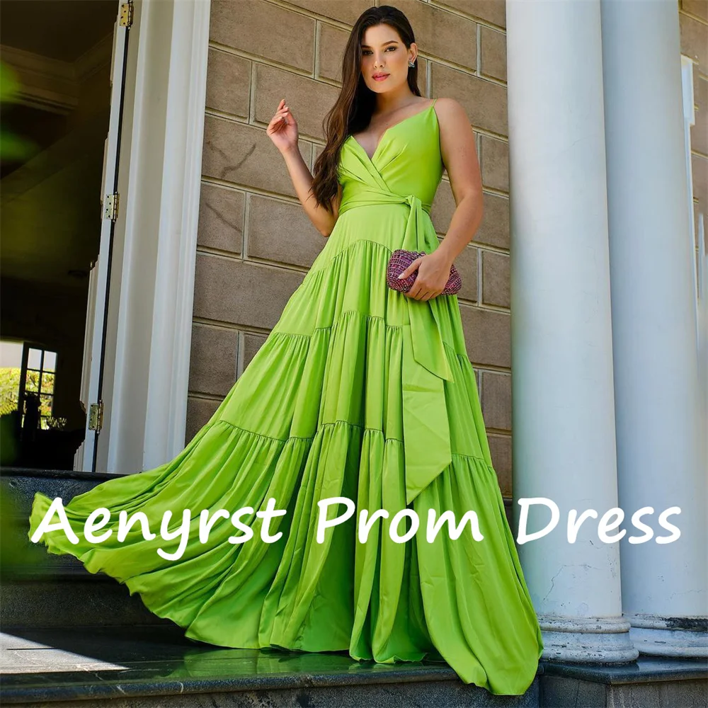 Aenpopst-Robe de Soirée en Satin Vert, Tenue de Bal de Forme Trapèze, avec Bretelles Spaghetti, Col en V, Dos aux, Longueur au Sol, pour Occasions Formelles