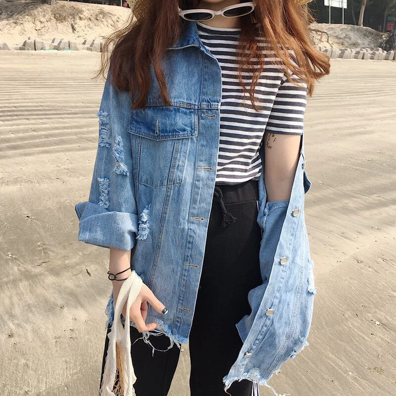 CHICEVER Denim Women's Jackets Lapel Batwing Long Sleeve Tassel Hem Designer Hole Loose Big Size Oversized Coats Female 2021 New