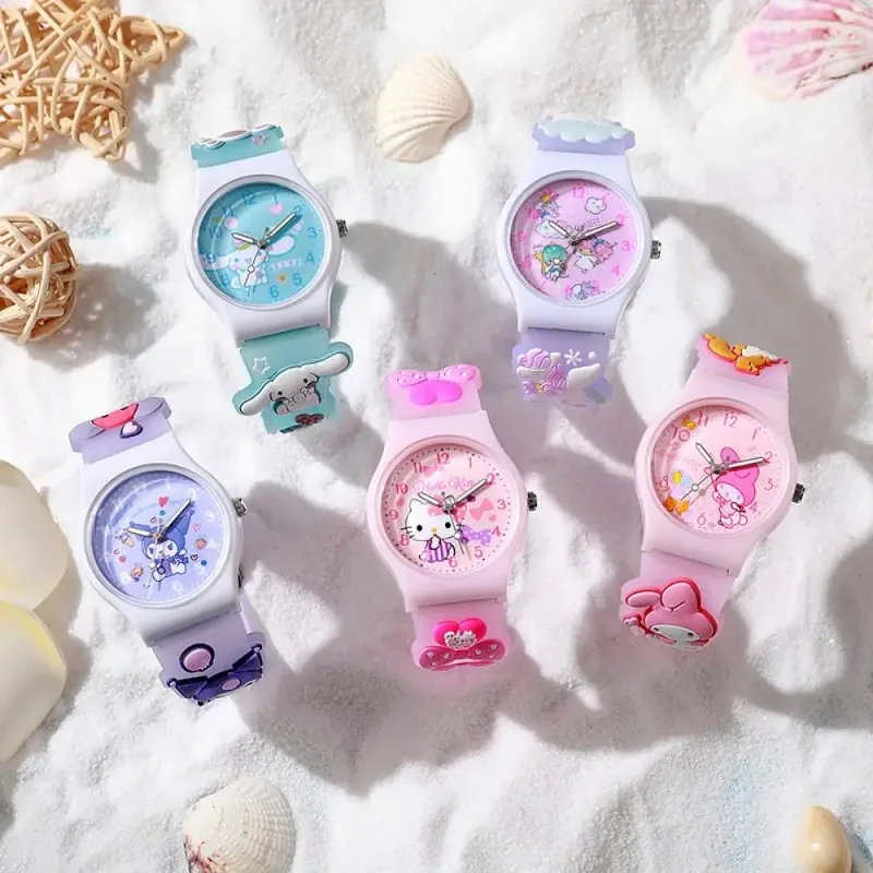 Hello Kitty 3D Pattern Child Wrist Watch Cinnamoroll Hello Kitty Waterproof Quartz Watch Kuromi Cartoon Silica Gel Watchband Kid