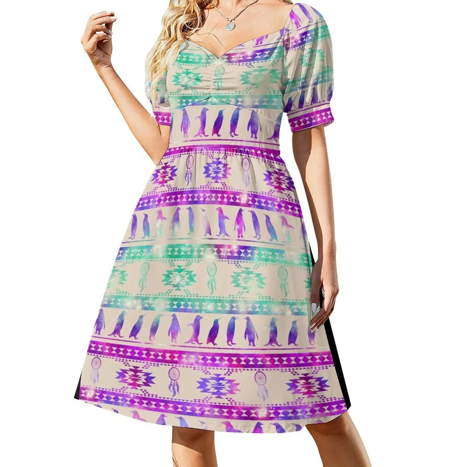 

Purple Pink Galaxy Penguin Short-Sleeved Dress dress women elegant luxury summer clothes for women