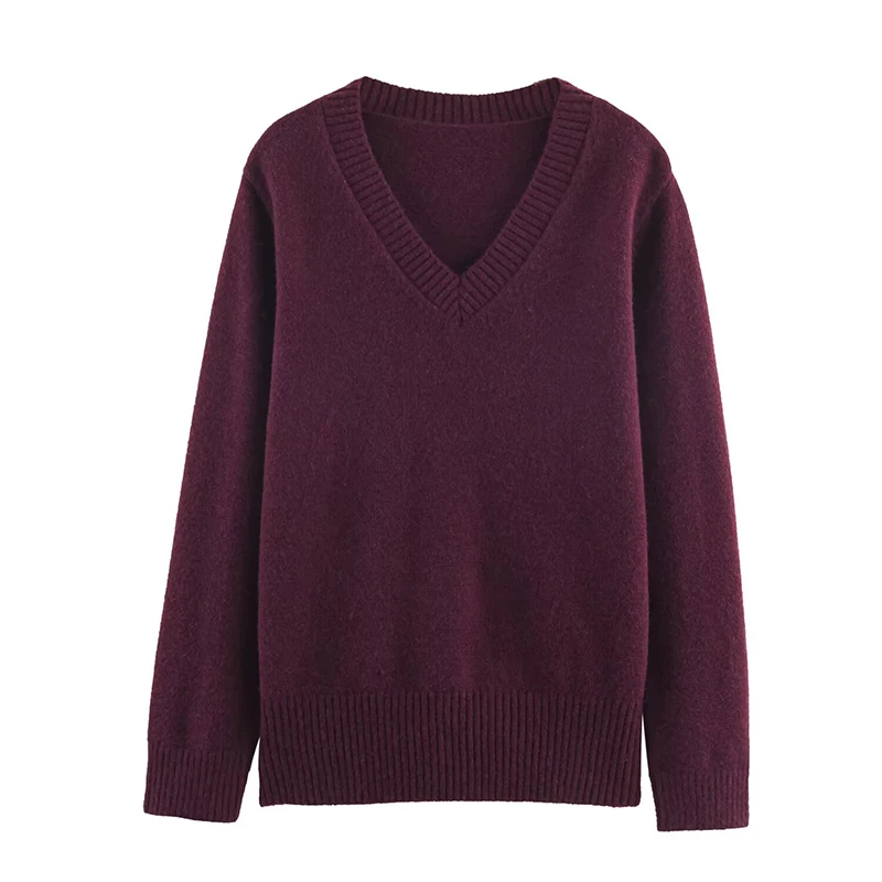 

YENKYE New Women Autumn Winter Wine Red Knit Pullover Long Sleeve V Neck Casual Basic Sweater
