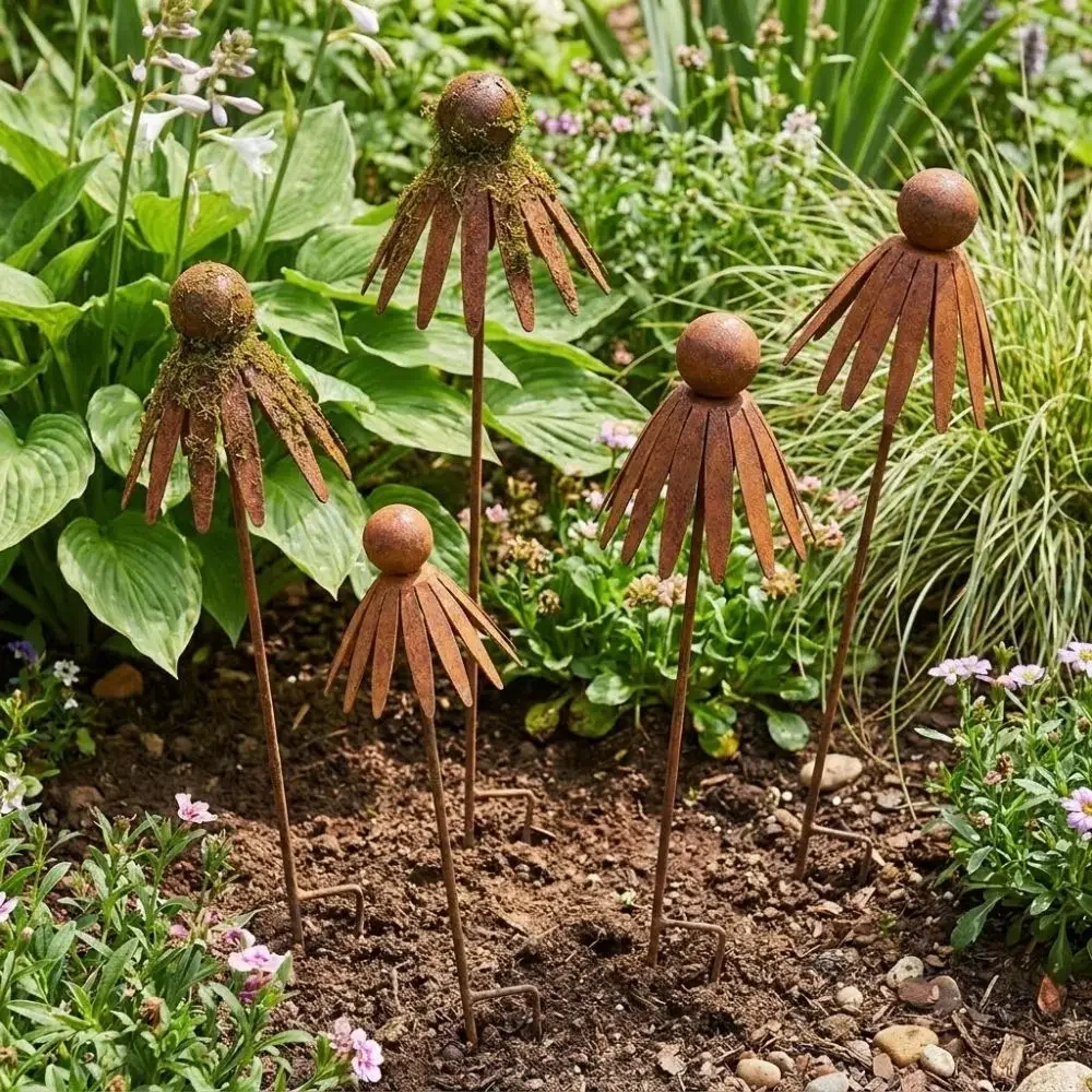 Rostiger Eisen-Metall-Gänseblümchen-Pflanzstab, lange, wetterbeständige, gebogene Blütenblatt-Pflanzstangen, handgefertigter Retro-Stil, Blumen-Pflanzstab für den Außenbereich – Detail 5
