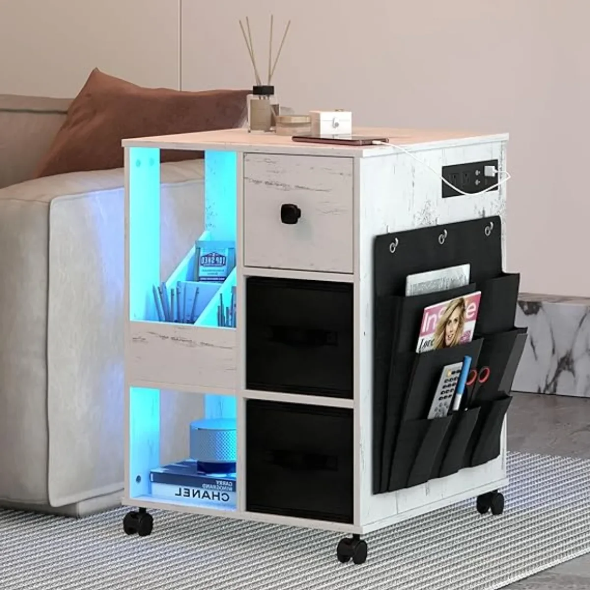 

dnbss Nightstand with Charging Station and LED Lights,with Drawers,with USB Ports and Outlets,with Storage Shelves, White