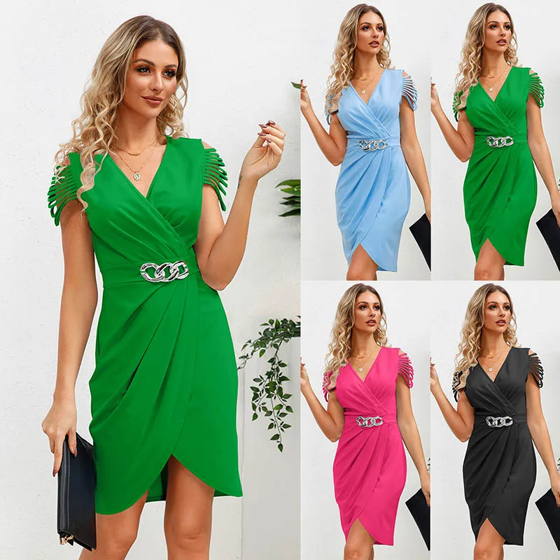 

Women's Clothing Fashion V-neck Dress Sexy Irregular Folded Waist Wrapped Short Sleeve Dress