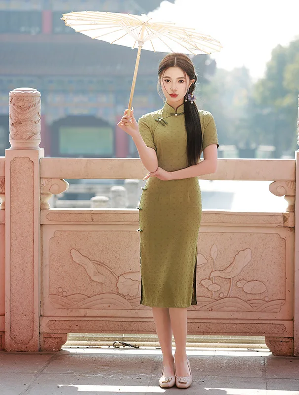 

Long Cotton And Linen Cheongsam Girl 2024 Spring Summer New Retro Standing Collar Buckle Dress Qipao