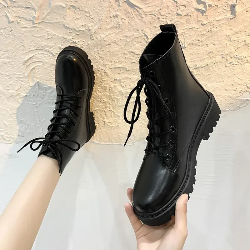 Women Ankle Boots Autumn New Woman Fashion British Style Black Casual PU Dress Shoes Female Motorcycle Boots