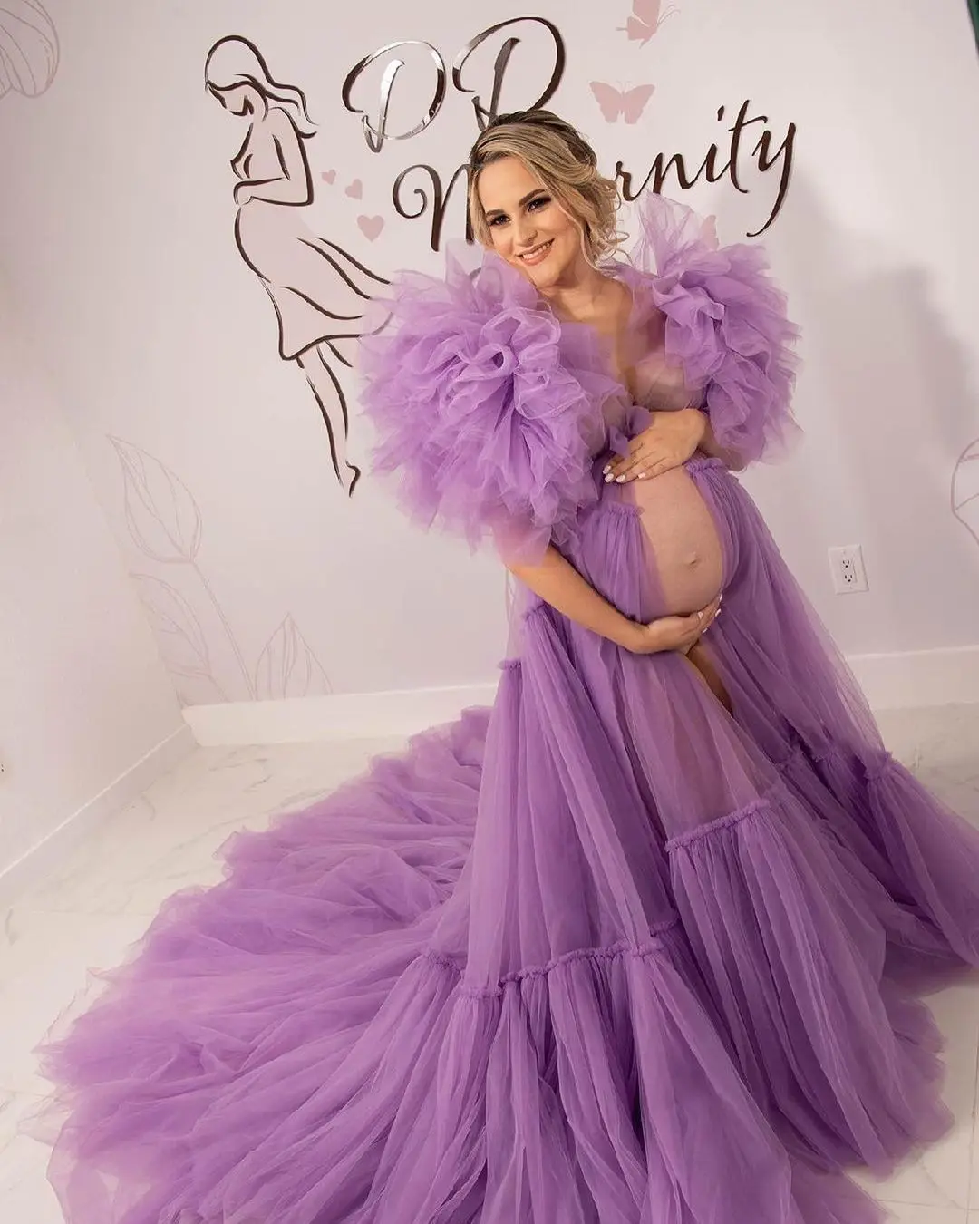 Lilac Maternity Robe Photo Shoot Dress Sheer Tulle Long Ruffle Sleeve Baby Shower Women Dresses Maternity Gowns