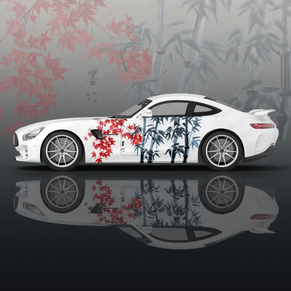 Bamboo and Maple Leaf Car Graphic Decal Protect Full Body Vinyl Wrap Modern Design Image Wrap Sticker Decorative Car Decal