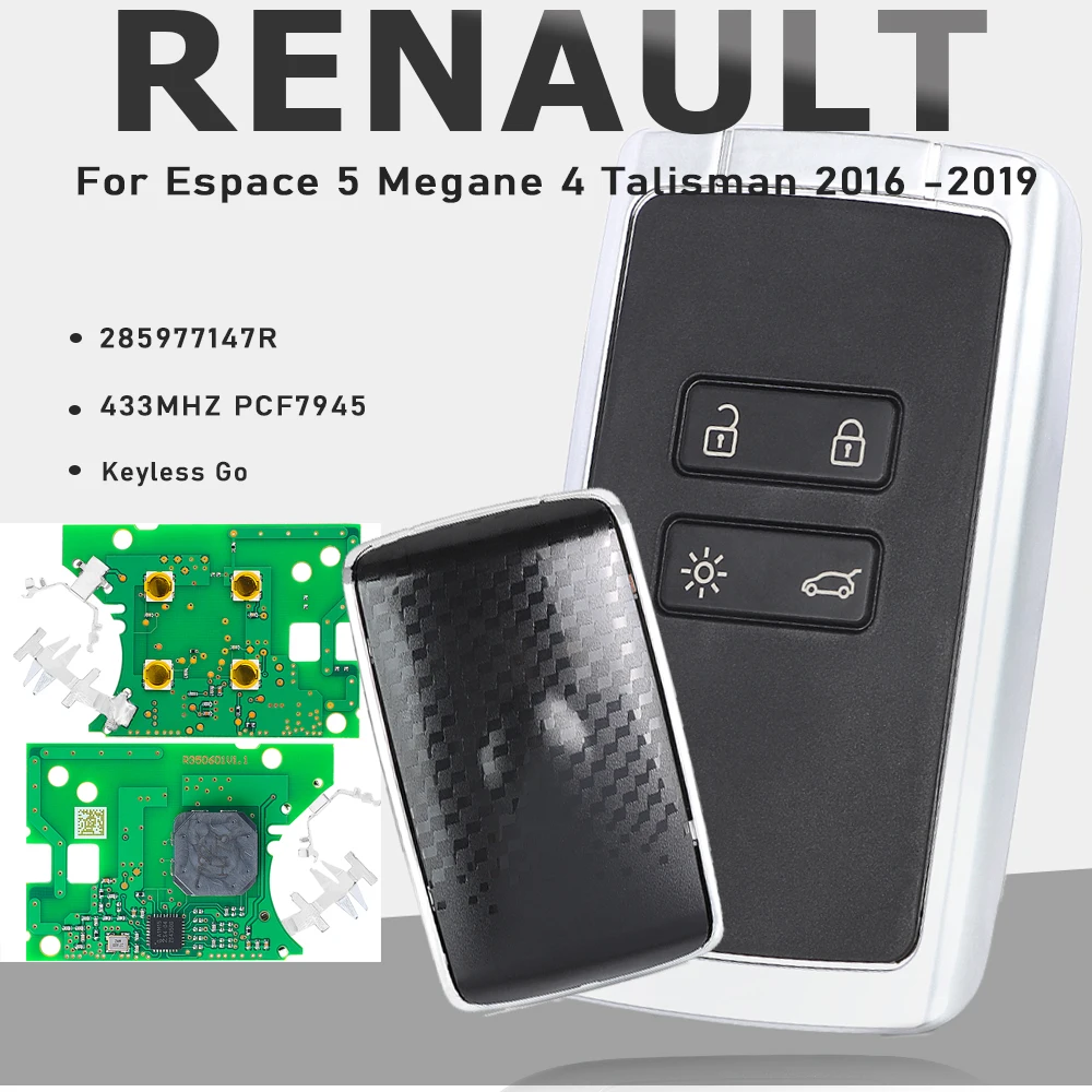 KEYECU P/N: 285977147R Keyless-Go Chave remota inteligente 433MHz PCF7945 para Renault Espace 5, Megane 4, Talisman 2016 2017 18 2019