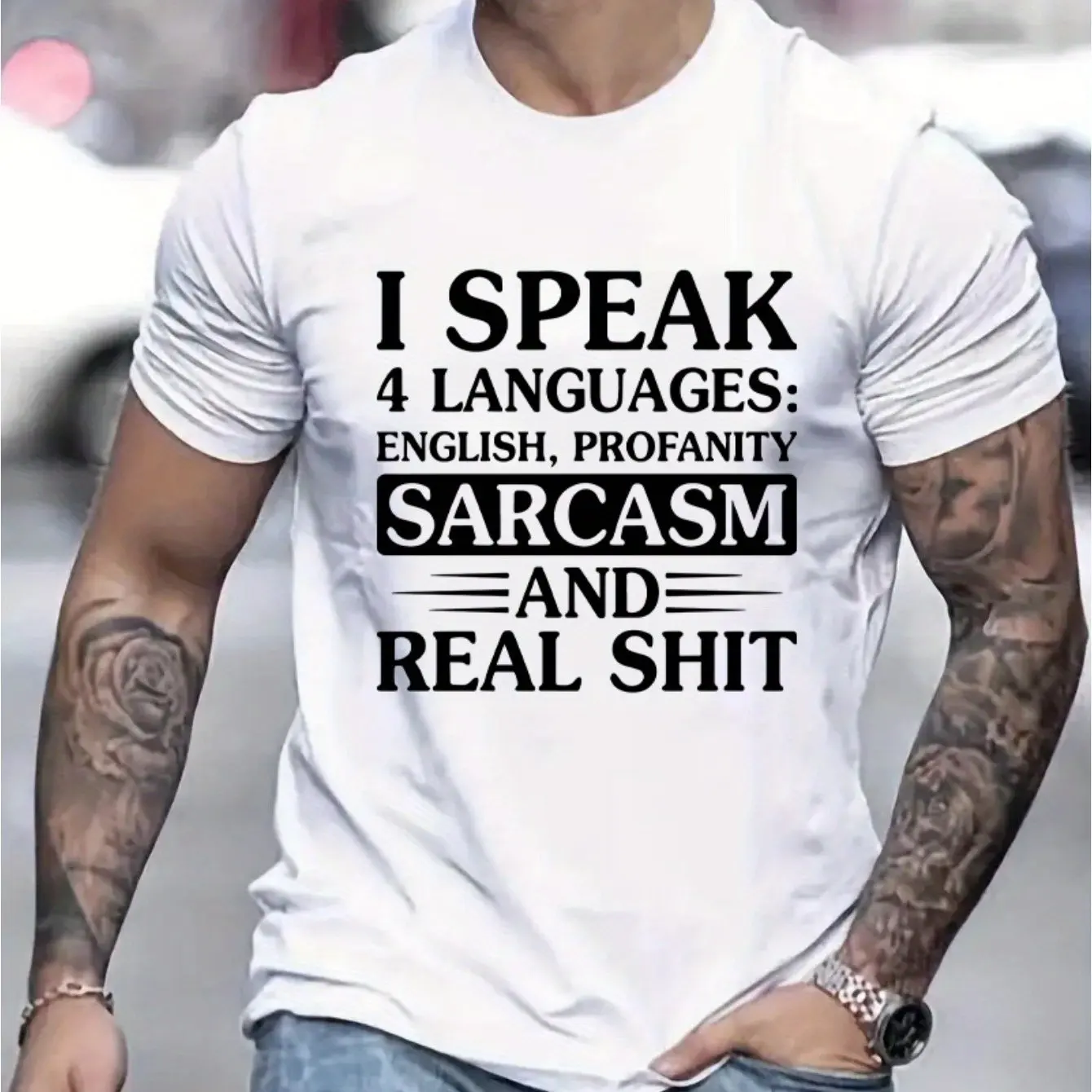 Men's Summer 100% Cotton Fashion Sports and Leisure Loose I Speak Sarcasm Graphic Printed Round Neck Short Sleeve T-shirt Top