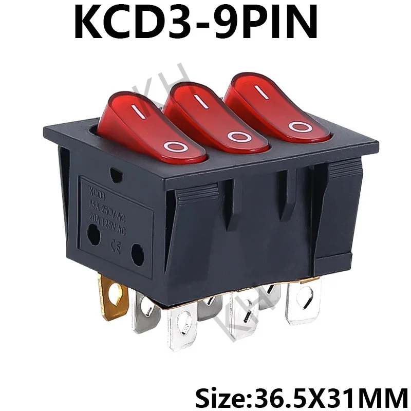 

1PCS 40.3X33.3mm Rocker Switch KCD3 Red Ligh 3 Way Black Switch 9 Pin 2 Position ON-OFF/ON-ON 16A/30A 250VAC Triple Power Switch