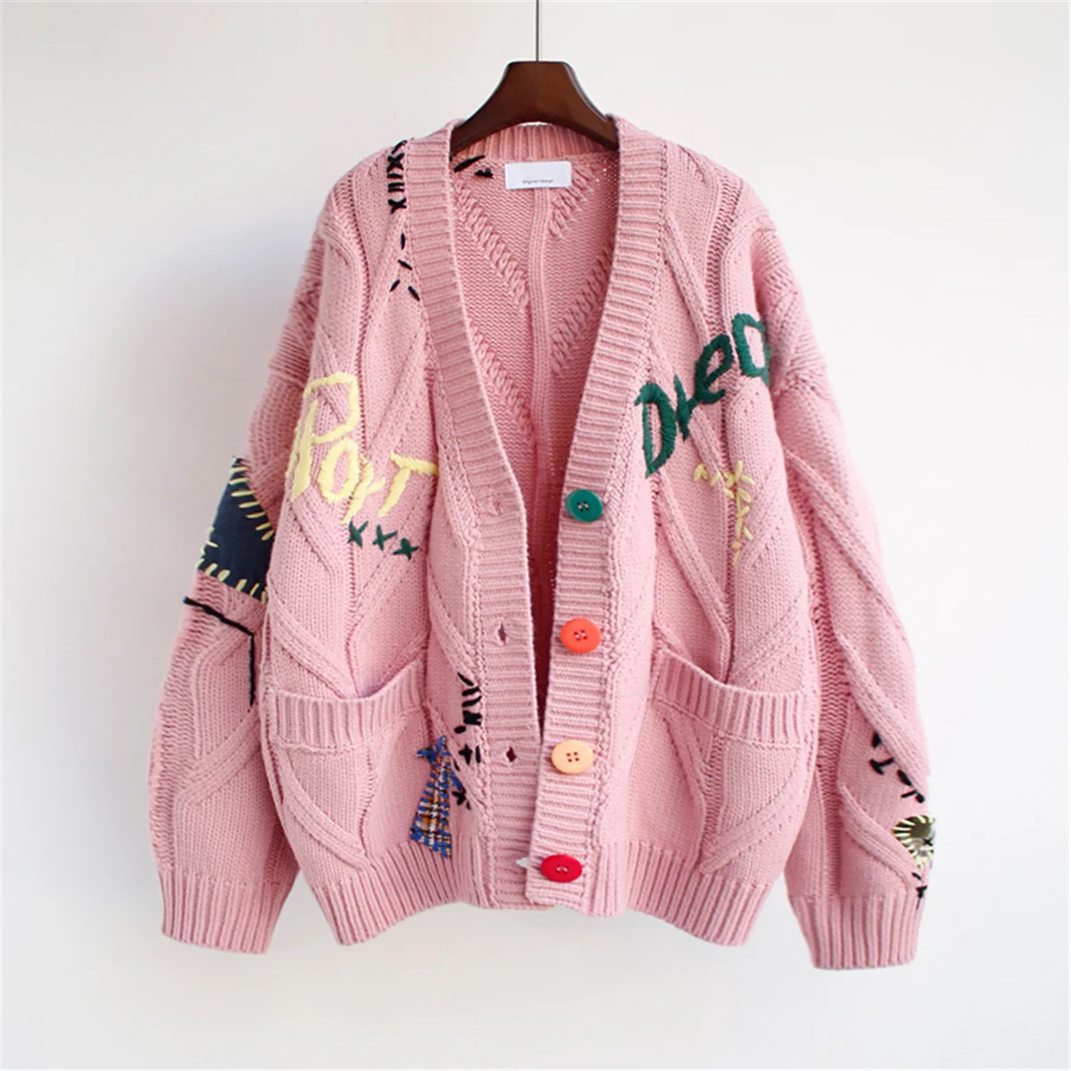 New Embroidery Knitted Cardigan Women\'s Sweater Warm Long Sleeve Letter Print Pocket Jumpers Autumn Winter Loose Sweaters