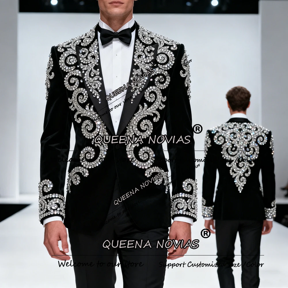 

Изысканный мужской костюм с бусинами и кристаллами, однобортный бархатный пиджак для выпускного вечера, индивидуальный свадебный смокинг жениха, комплект из 2 предметов, trajes para hombre