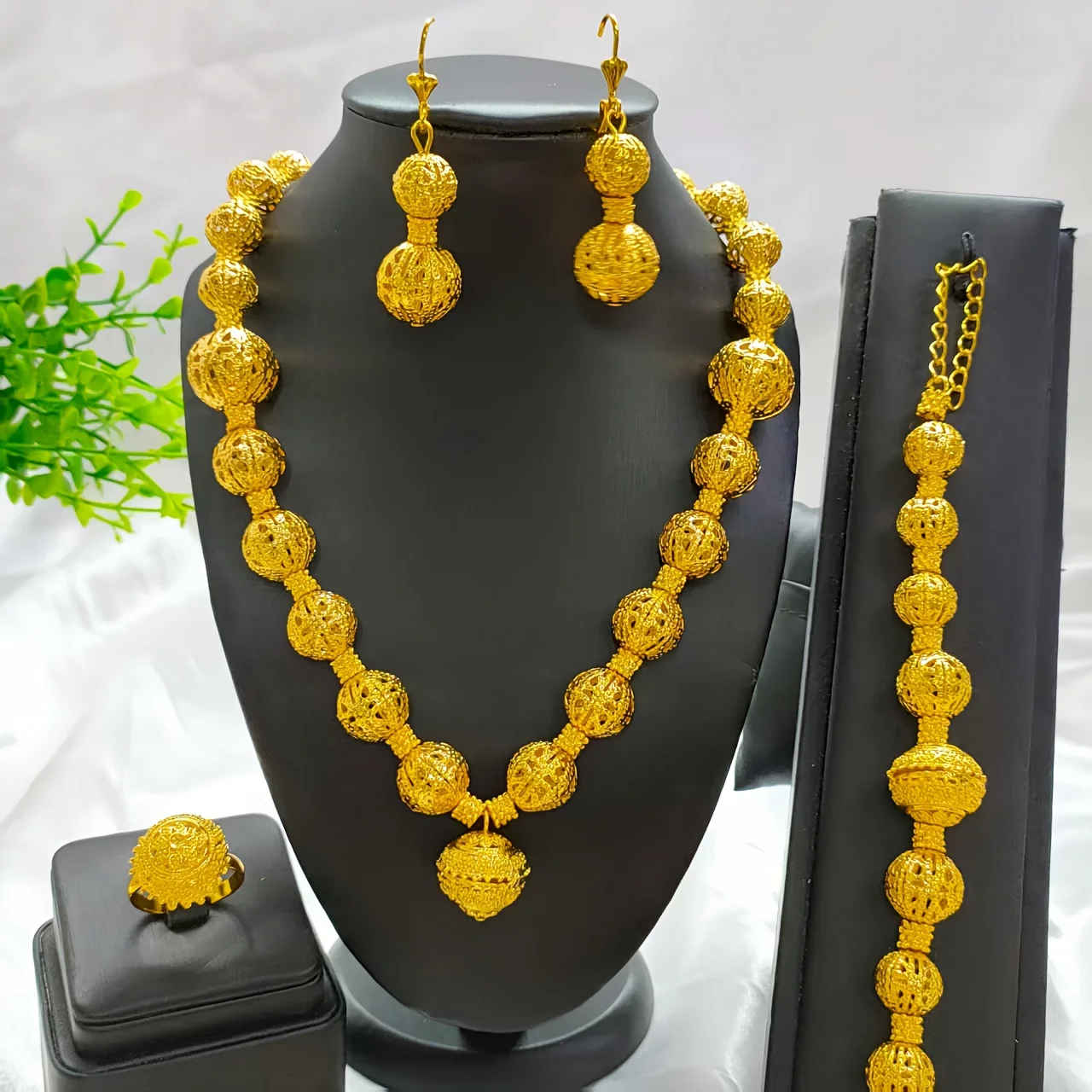 

New Dubai African Bead Jewelry Set for Women Party Gifts Wedding Accessories 24K Gold Color Necklace Ring Bangle Earrings Sets