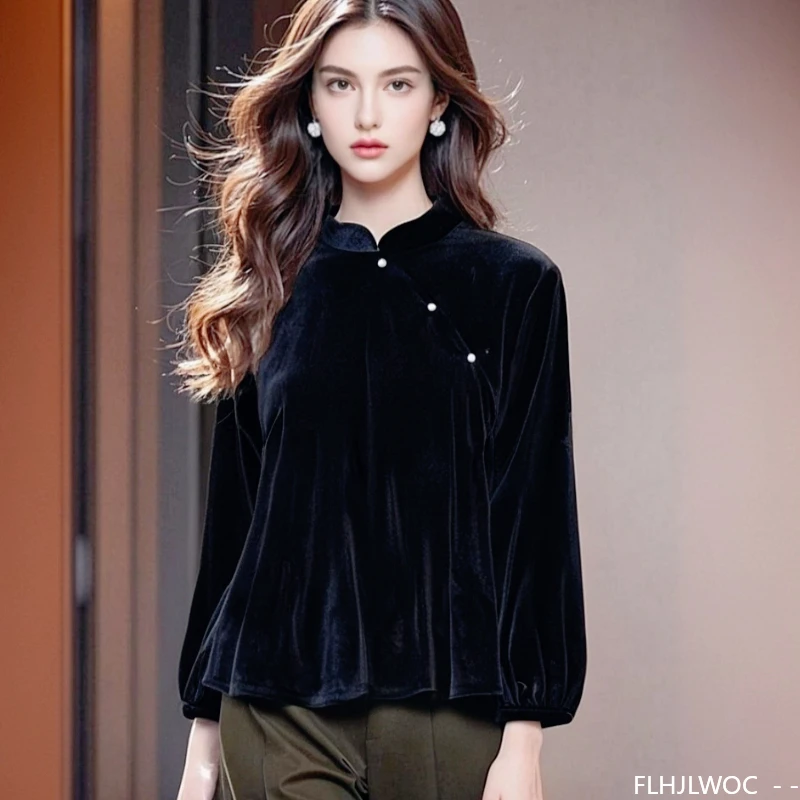بلوزات مخملية سوداء على الطراز الصيني تشي باو بلوزات ذات ياقة ثابتة للعام الجديد 2026 قمصان كلاسيكية أنيقة للفتيات لربيع 2026