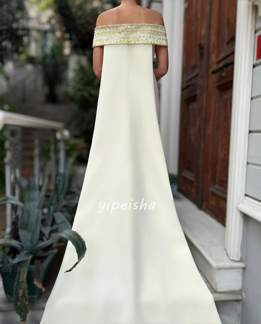 Personalizado elegante clássico jérsei strass miçangas em linha reta fora do ombro vestidos longos sob medida vestidos de ocasião combinando