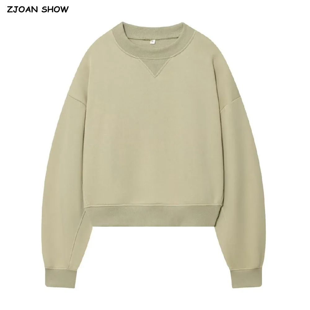 

3 colors Harajuku Rib Round Collar Terry Sweatshirt Women Long Sleeve Cropped Casual Jumper Short Sweats Light Green Apricot